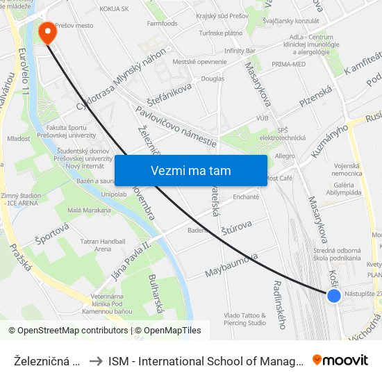 Železničná Stanica to ISM - International School of Management v Prešove map