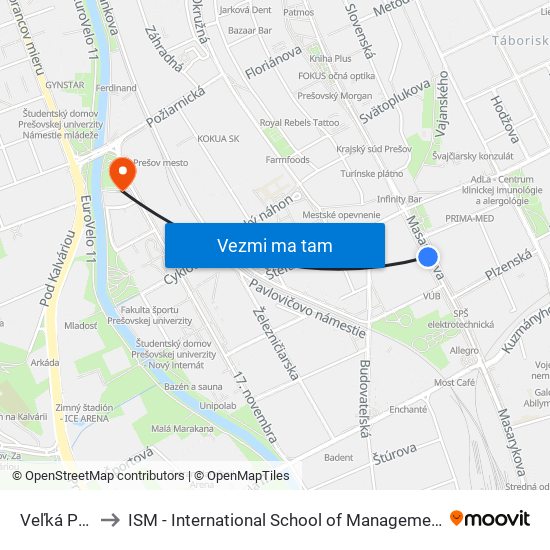 Veľká Pošta to ISM - International School of Management v Prešove map