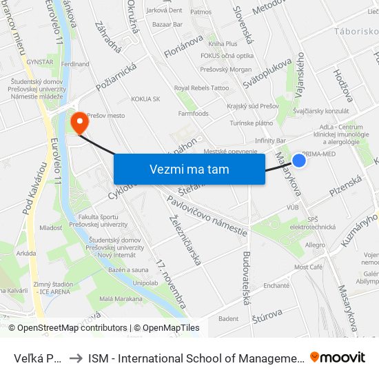 Veľká Pošta to ISM - International School of Management v Prešove map