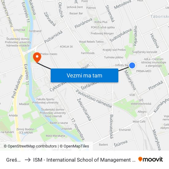Grešova to ISM - International School of Management v Prešove map