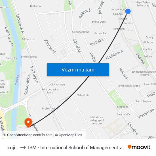 Trojica to ISM - International School of Management v Prešove map