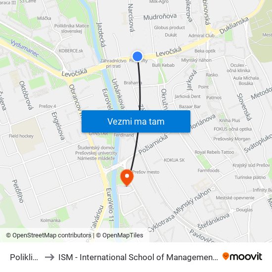 Poliklinika to ISM - International School of Management v Prešove map