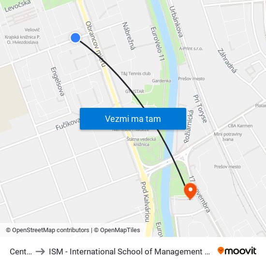 Centrál to ISM - International School of Management v Prešove map