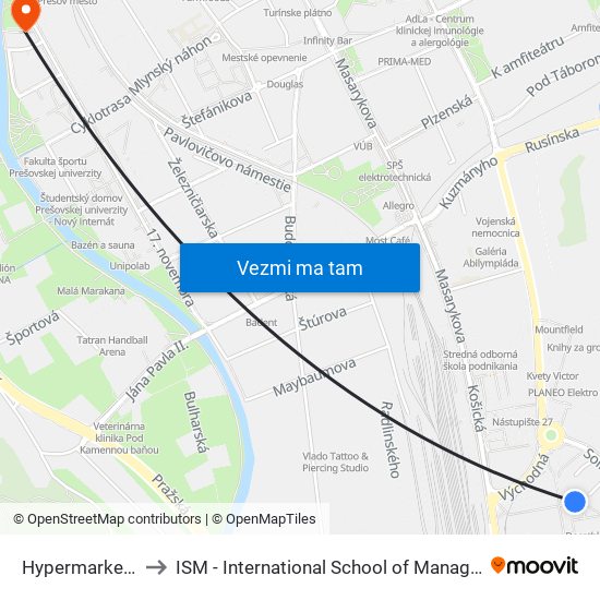 Hypermarket  Tesco to ISM - International School of Management v Prešove map