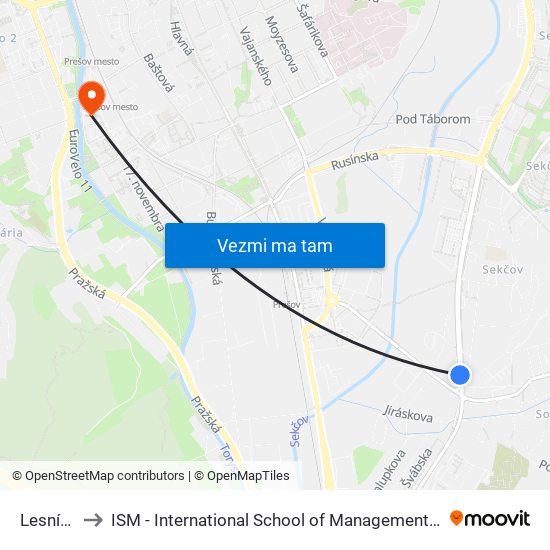 Lesnícka to ISM - International School of Management v Prešove map