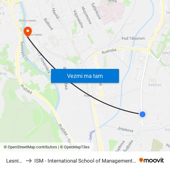 Lesnícka to ISM - International School of Management v Prešove map