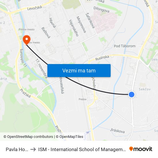 Pavla Hovora to ISM - International School of Management v Prešove map