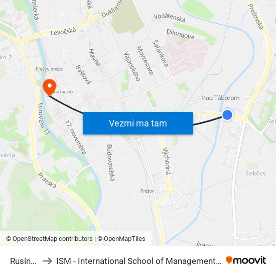 Rusínska to ISM - International School of Management v Prešove map