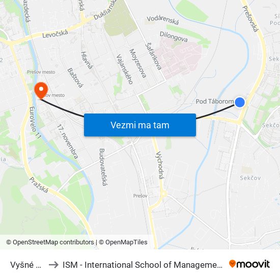 Vyšné Lúky to ISM - International School of Management v Prešove map