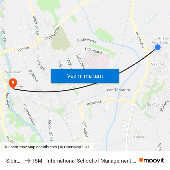 Sibírska to ISM - International School of Management v Prešove map