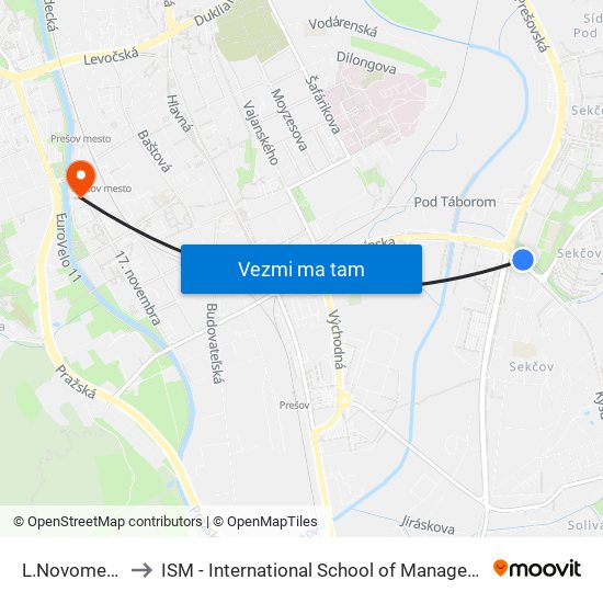 L.Novomeského to ISM - International School of Management v Prešove map