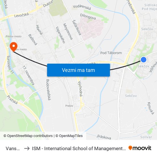 Vansovej to ISM - International School of Management v Prešove map