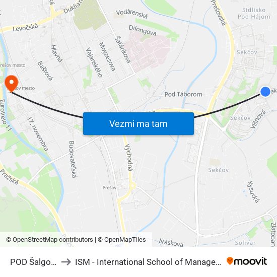 POD Šalgovíkom to ISM - International School of Management v Prešove map