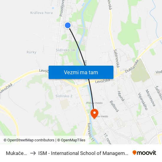 Mukačevská to ISM - International School of Management v Prešove map