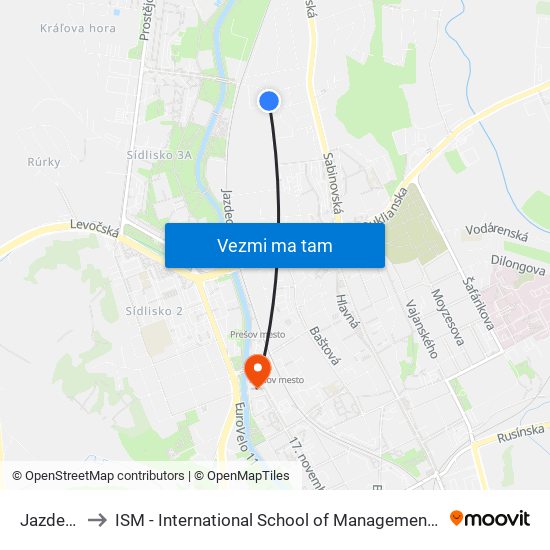 Jazdecká to ISM - International School of Management v Prešove map