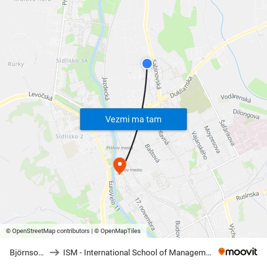 Björnsonova to ISM - International School of Management v Prešove map