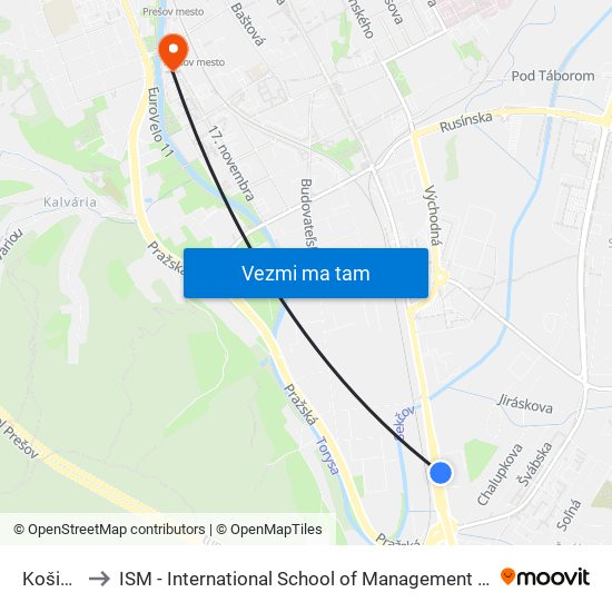 Košická to ISM - International School of Management v Prešove map