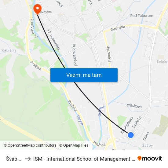 Švábska to ISM - International School of Management v Prešove map
