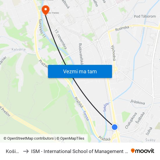 Košická to ISM - International School of Management v Prešove map