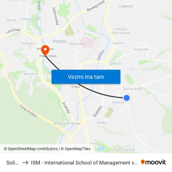 Solivar to ISM - International School of Management v Prešove map
