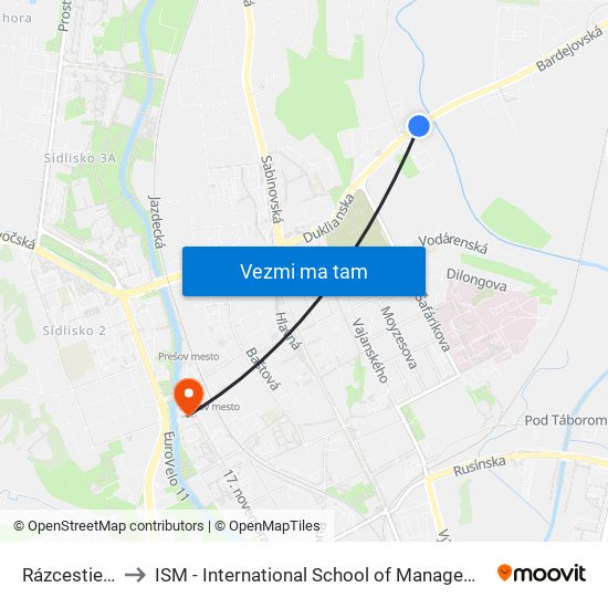 Rázcestie Kúty to ISM - International School of Management v Prešove map