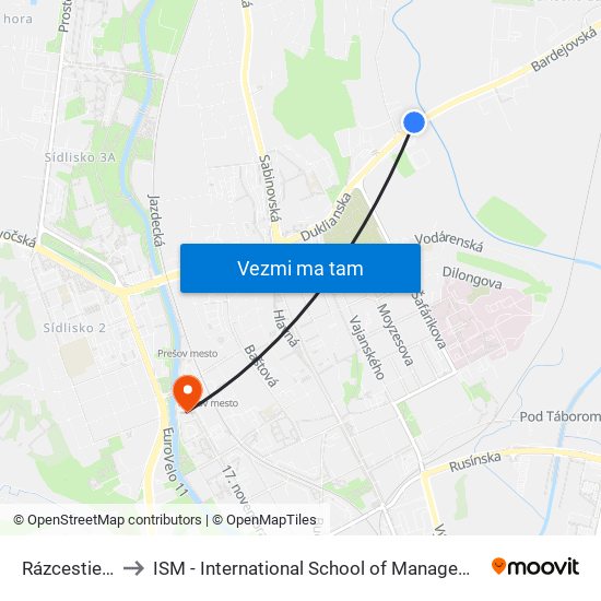 Rázcestie Kúty to ISM - International School of Management v Prešove map