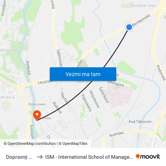 Dopravný Podnik to ISM - International School of Management v Prešove map