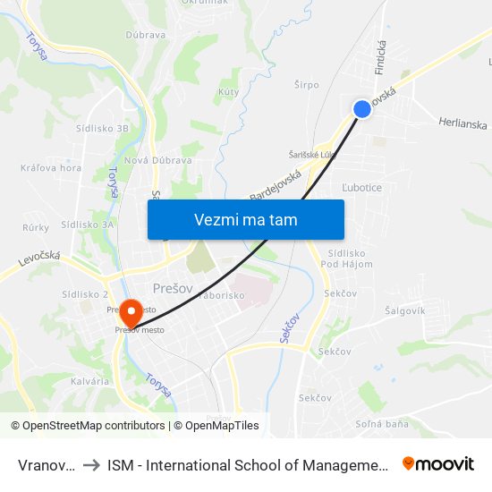 Vranovská to ISM - International School of Management v Prešove map