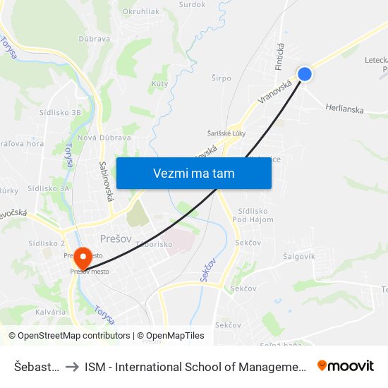 Šebastová to ISM - International School of Management v Prešove map