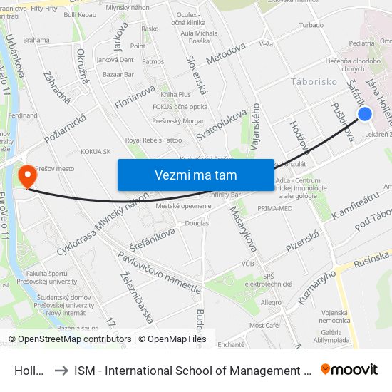 Hollého to ISM - International School of Management v Prešove map