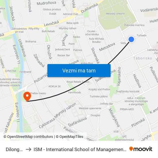 Dilongova to ISM - International School of Management v Prešove map