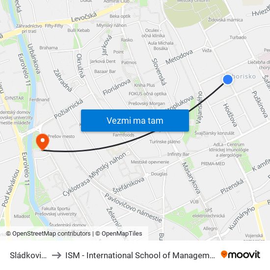 Sládkovičova to ISM - International School of Management v Prešove map