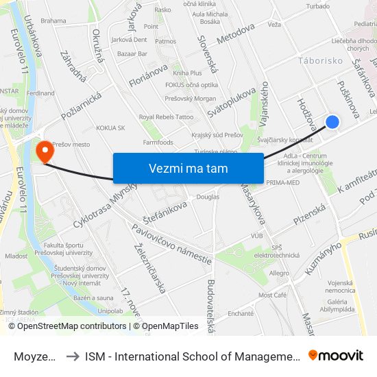 Moyzesova to ISM - International School of Management v Prešove map
