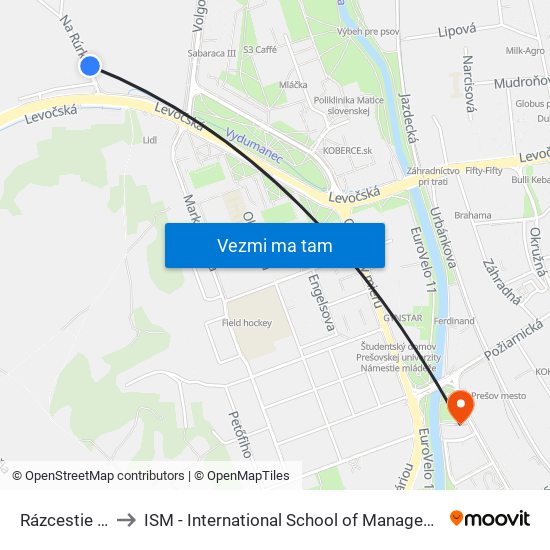 Rázcestie Rúrky to ISM - International School of Management v Prešove map