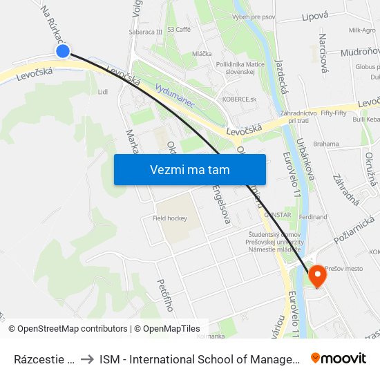 Rázcestie Rúrky to ISM - International School of Management v Prešove map