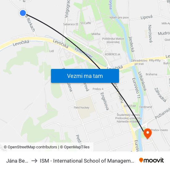 Jána Bereša to ISM - International School of Management v Prešove map