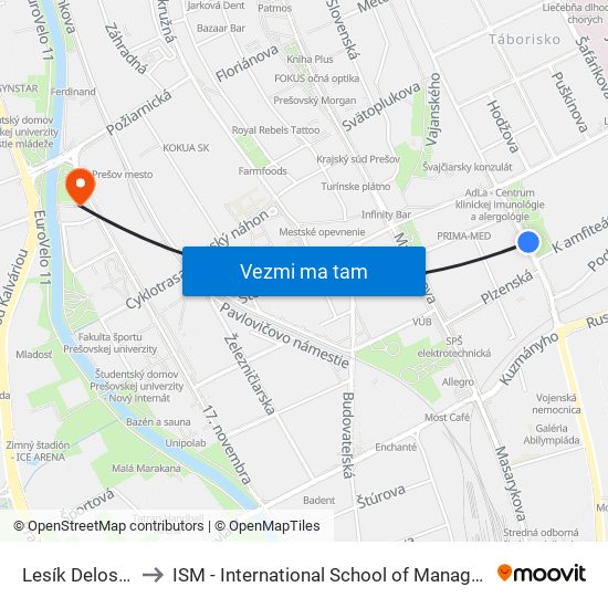 Lesík Delostrelcov to ISM - International School of Management v Prešove map