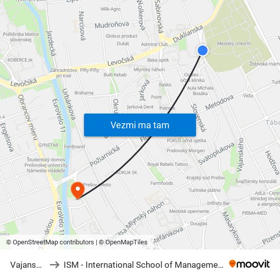Vajanského to ISM - International School of Management v Prešove map