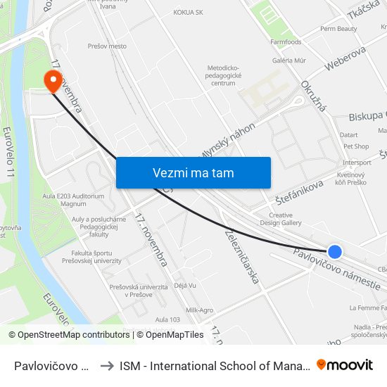 Pavlovičovo Námestie to ISM - International School of Management v Prešove map