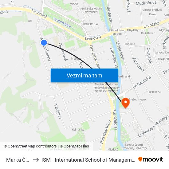 Marka Čulena to ISM - International School of Management v Prešove map