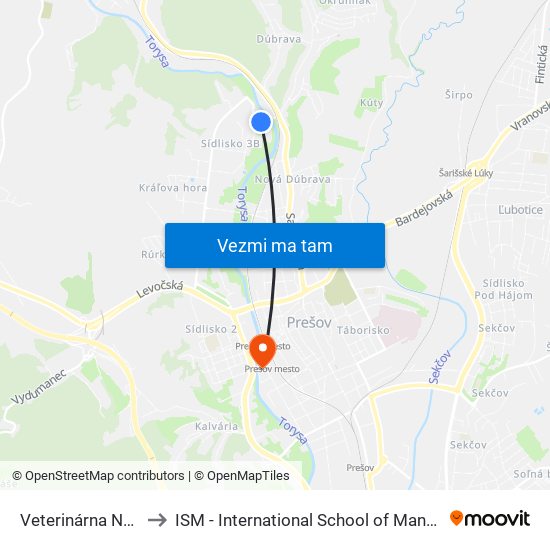 Veterinárna Nemocnica to ISM - International School of Management v Prešove map