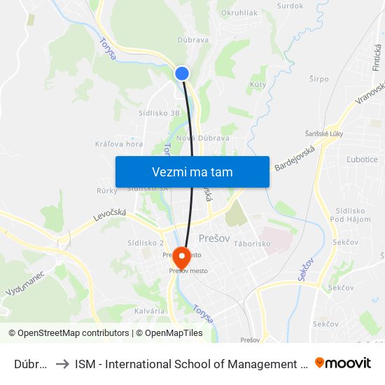 Dúbrava to ISM - International School of Management v Prešove map