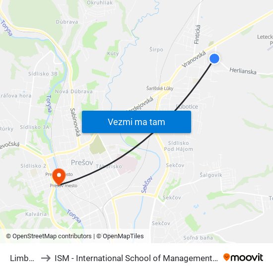 Limbová to ISM - International School of Management v Prešove map