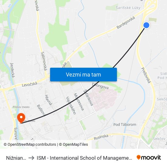 Nižnianska to ISM - International School of Management v Prešove map