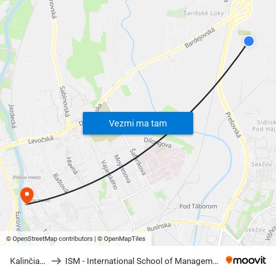 Kalinčiakova to ISM - International School of Management v Prešove map