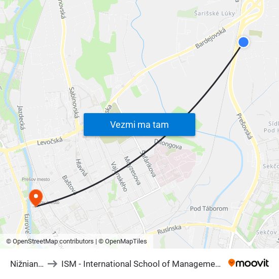 Nižnianska to ISM - International School of Management v Prešove map