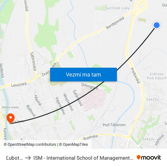 Ľubotice to ISM - International School of Management v Prešove map