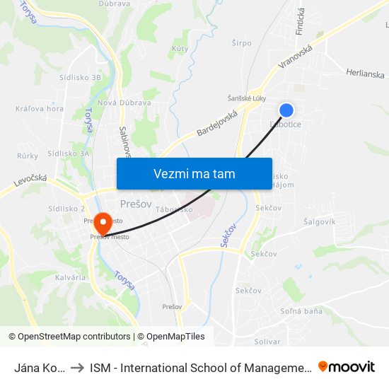 Jána Kostru to ISM - International School of Management v Prešove map