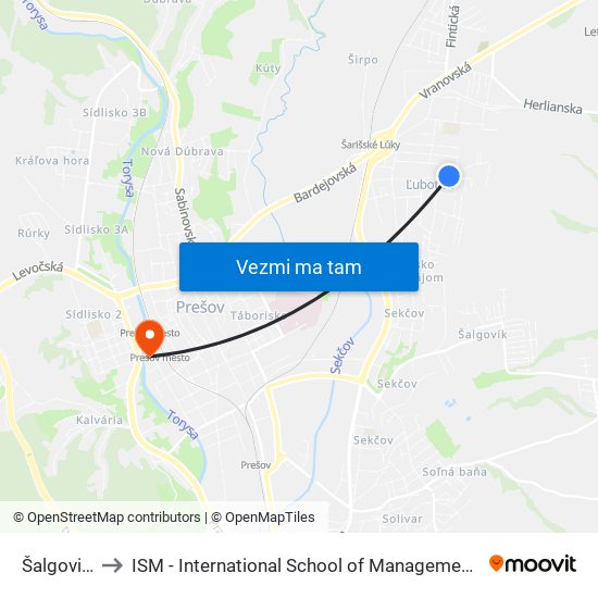 Šalgovická to ISM - International School of Management v Prešove map