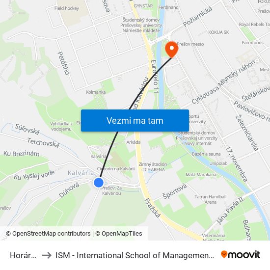 Horárska to ISM - International School of Management v Prešove map